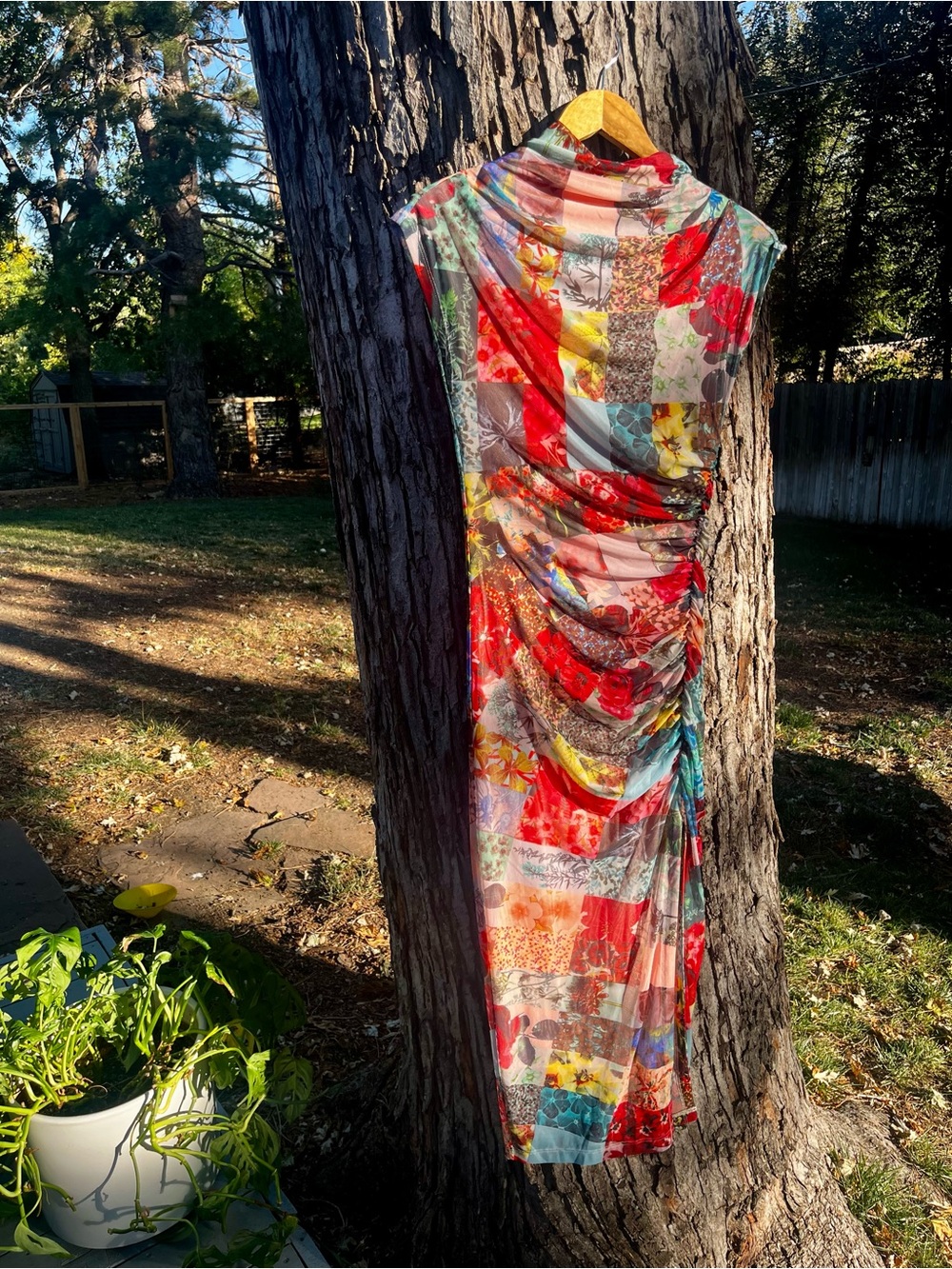 Graphic Floral Patchwork Ruched Dress XS by Anthropologie
